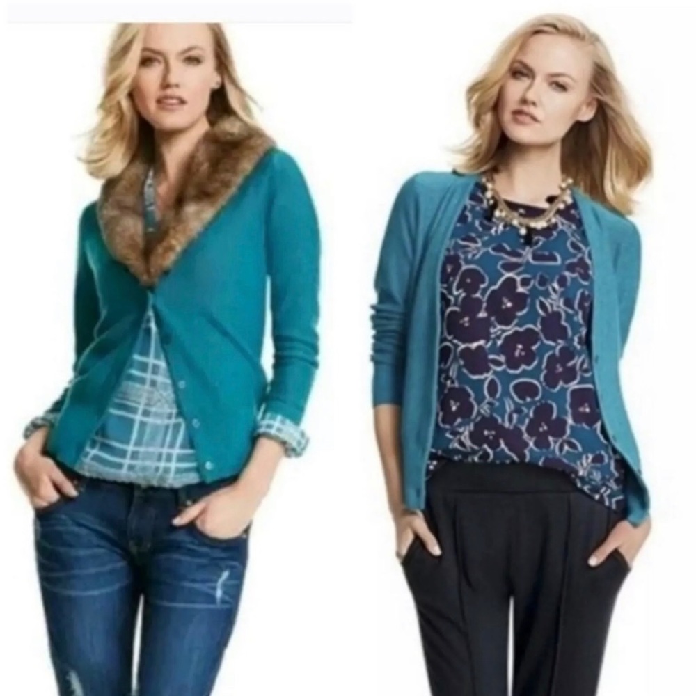 Cabi tearoom cardigan teal removable collar size S